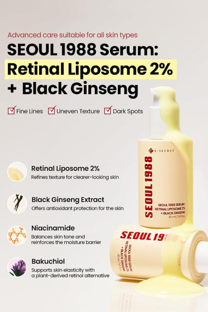 K-SECRET SEOUL 1988 Retinal Serum – Formulated with Advanced Retinal Liposome 2% and 58% Black Ginseng Extract | Fine Lines and Skin Texture Care Serum | Korean Skincare, 30ml / 1.01 fl oz