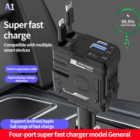 Car Charger Fast Charging And Retractable 4 in 1 Cigarette Lighter